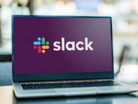 A computer with the Slack logo.